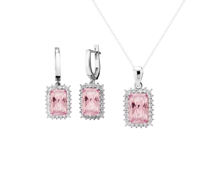 Komplet srebrny z sułtanitem i cyrkoniami w prostokątnej oprawie