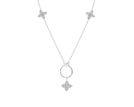 Naszyjnik srebrny z cyrkoniami kolia z motywem kwiatów o czterech płatkach - z wisiorkiem i elementami ozdobnymi na łańcuszku