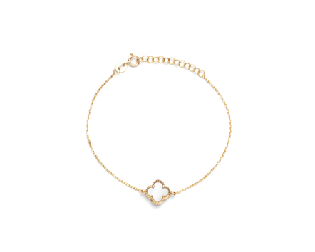 Bransoletka złota łańcuszkowa z koniczynką i białym kamieniem