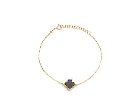 Bransoletka złota łańcuszkowa z koniczynką i czarnym kamieniem