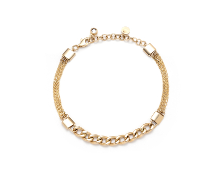 Złota szeroka bransoletka cienkie łańcuszki ankier i gruba pancerka zapinane na karabińczyk, z przedłużką