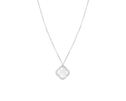 Naszyjnik srebrny z wisiorkiem z białą emalią ozdobiony białymi cyrkoniami dookoła