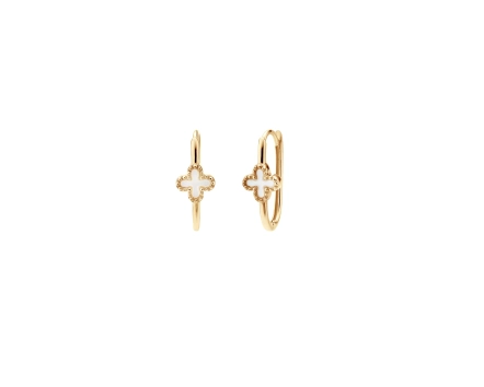 Kolczyki złote z jasną masą perłową w formie koniczynki