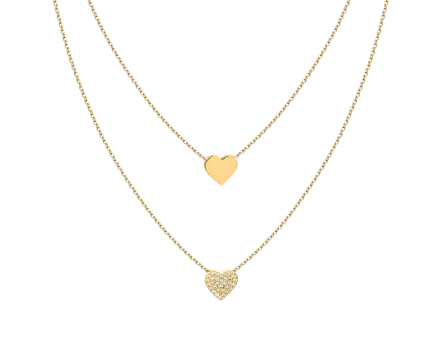 Naszyjnik srebrny pozłacany z cyrkoniami na podwójnym łańcuszku z wisiorkami w kształcie serc zdobiony cyrkoniami