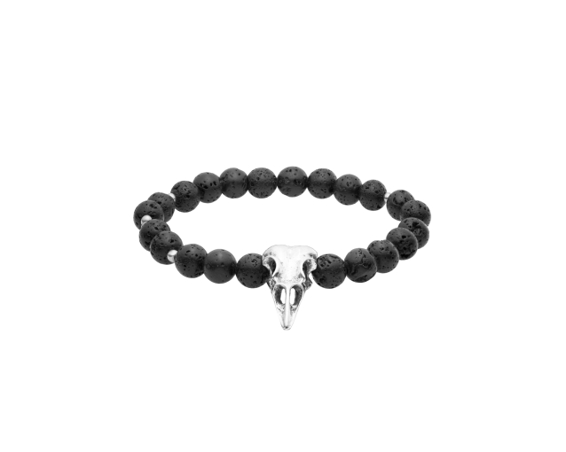 Bransoletka stalowa męska z koralikami z kamienia księżycowego i stalową ptasią czaszką