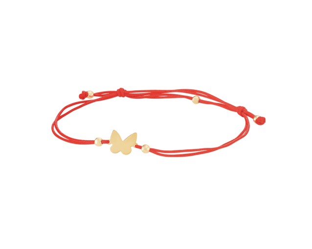 Bransoletka sznurkowa czerwona ze złotym motylem na podwójnym sznurku