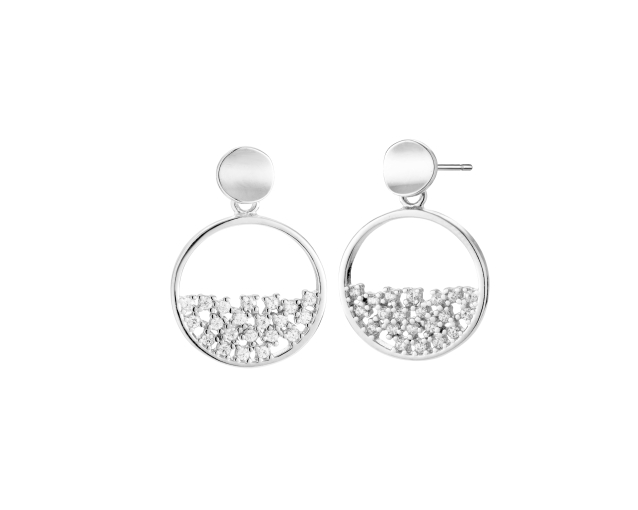 Kolczyki srebrne wiszące na sztyfcie okrągłe wypełnione w połowie cyrkoniami oprawionymi w łapkach