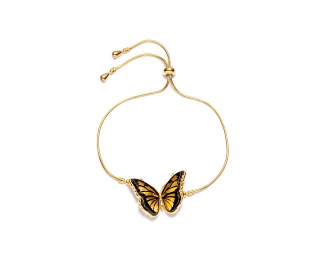 Bransoletka srebrna motyl z bursztynu pozłacana