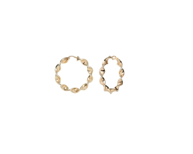 Grube złote kolczyki koła średnie 4 cm o spiralnym skręcie zapinane na ruchomy sztyft z zatrzaskiem