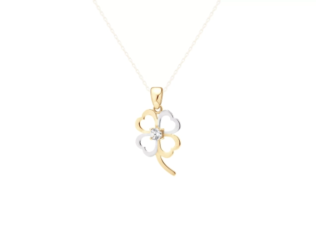 Zawieszka złota dwukolorowa czterolistna koniczynka z cyrkonią