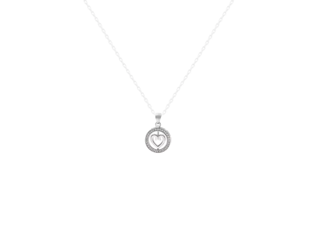Zawieszka srebrna z cyrkoniami okrągła z motywem serca w środku