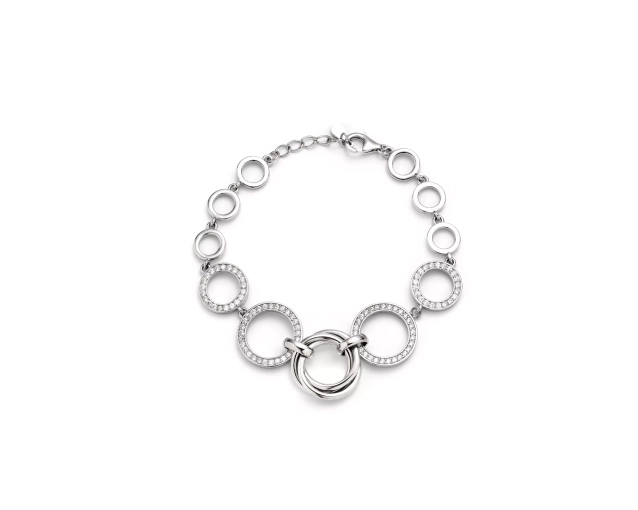 Srebrna bransoletka z plecionym wzorem, zdobiona cyrkoniami