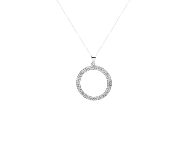 Srebrna zawieszka koło zdobiona podwójnymi rzędami cyrkonii