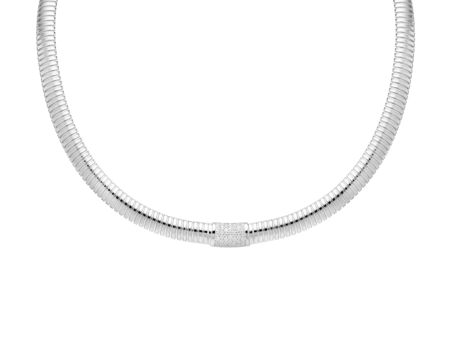 Wąski sztywny naszyjnik srebrny, poprzeczny wzór i cyrkonie