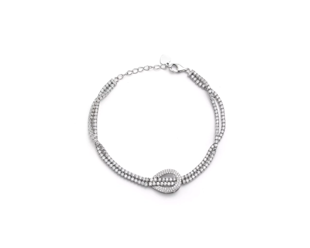 Srebrna bransoletka podwójny łańcuszek z łezką i białymi cyrkoniami