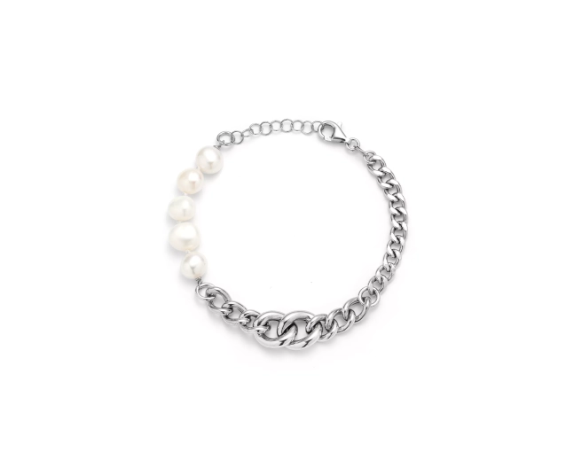 Srebrna bransoletka z białymi perłami i grubym łańcuszkiem