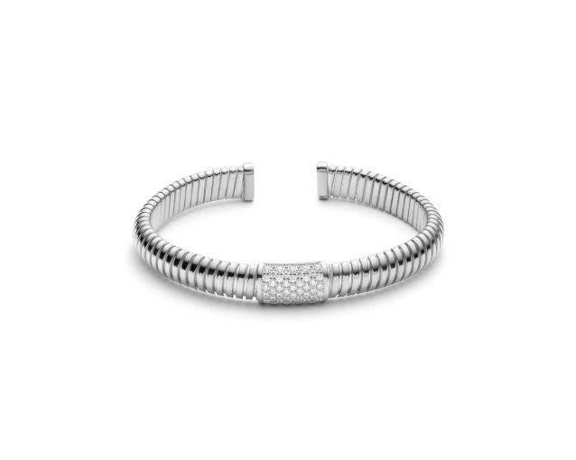 Wąska srebrna bransoletka z poprzecznym wzorem i cyrkoniami, średni rozmiar
