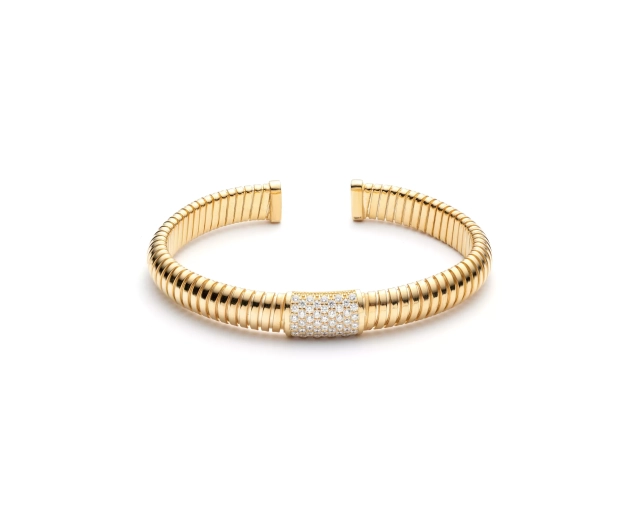 Pozłacana wąska bransoletka srebrna z poprzecznym wzorem i cyrkoniami