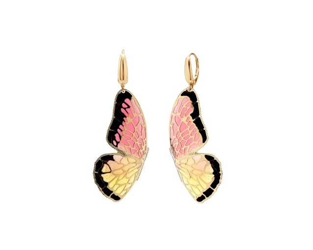 Złote kolczyki motyle skrzydła witrażowe, duże, żółto-pomarańczowe