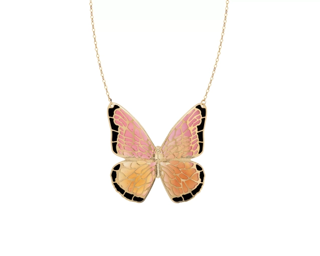 Złoty naszyjnik z motylem w kolorze żółto-czerwonym w stylu witrażu
