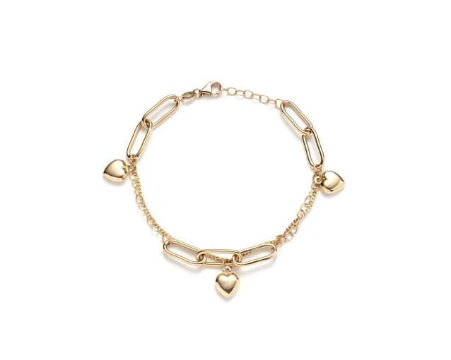 Złota bransoletka z trzema rodzajami splotu i serduszkami