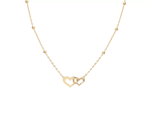 Złoty naszyjnik z dwoma sercami i kulkami, regulowana długość, średni rozmiar