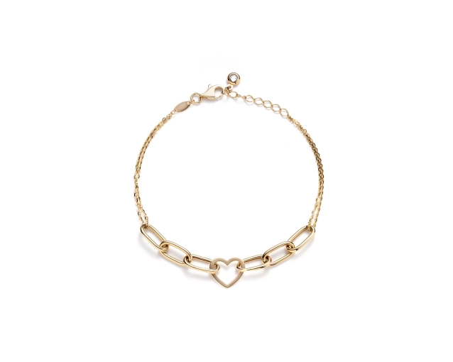Złota bransoletka z podwójnym łańcuszkiem, serduszkiem i białą cyrkonią