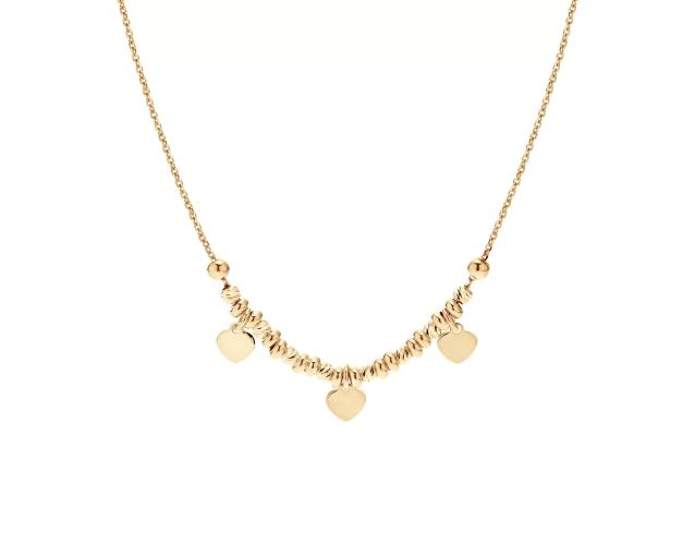 Srebrny pozłacany naszyjnik z małymi kulkami i sercami, regulowany, karabińczyk
