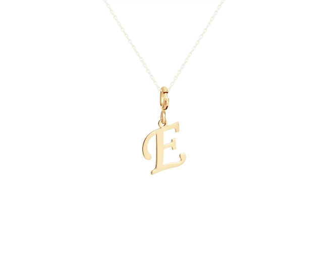 Złota zawieszka charms literka E, idealna dla Ewy