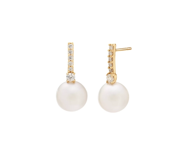 kolczyki złote z białą perłą i 6 białymi cyrkoniami
