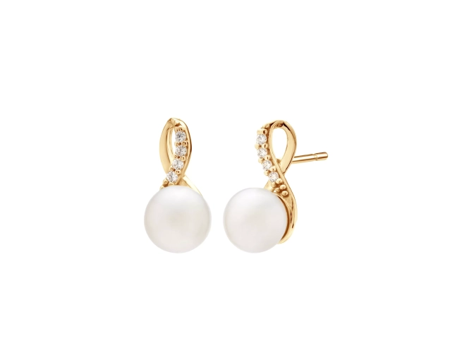 kolczyki złote z perłą i białymi cyrkoniami