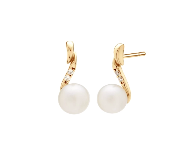 kolczyki złote z białą perłą i 2 małymi cyrkoniami