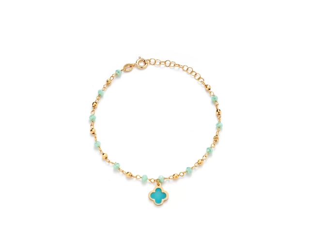 Bransoletka srebrna pozłacana z turkusowymi kamieniami i koniczyną
