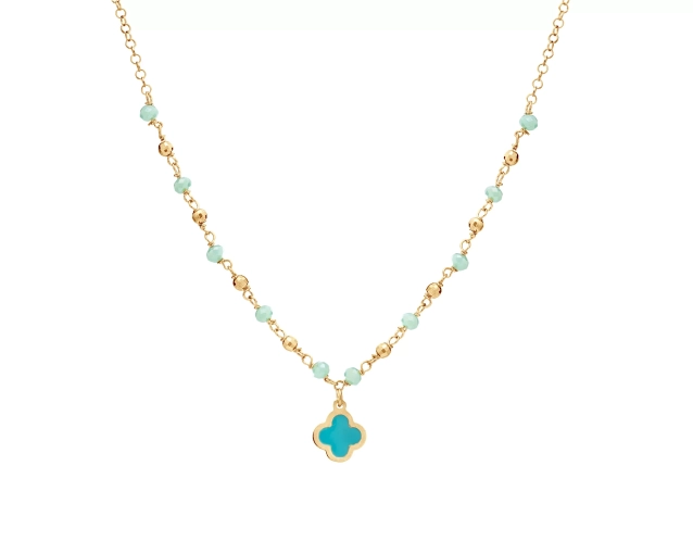 Naszyjnik srebrny pozłacany z turkusowymi kamieniami i koniczyną