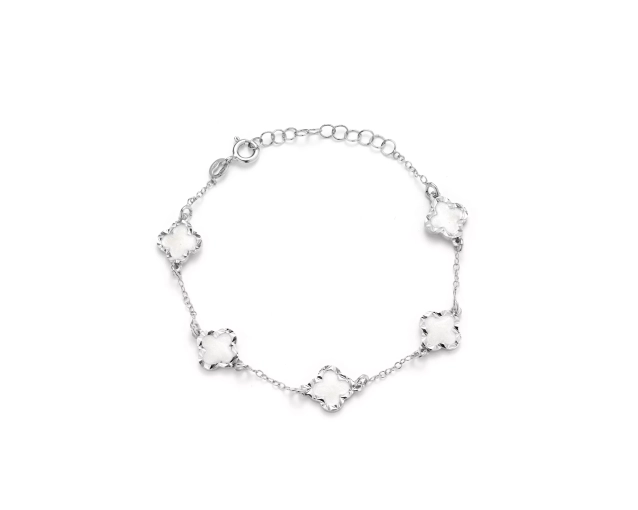 Bransoletka srebrna z białymi emaliowanymi koniczynami
