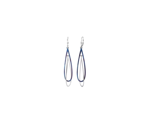 Kolczyki srebrne wiszące w kształcie dwóch łez - jedna zrobiona z tytanu w niebieskim  kolorze