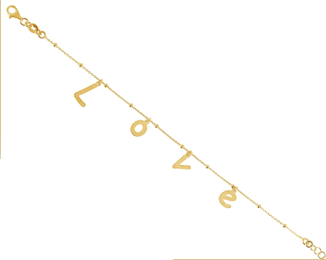 Bransoletka srebrna pozłacana łańcuszkowa z zawieszkami z literkami LOVE