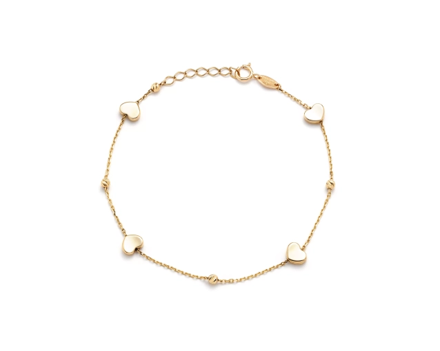 Złota bransoletka łańcuszkowa z serduszkami i kuleczkami na całej długości