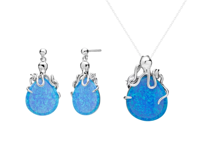 Komplet srebrny z błękitnym opalem w kształcie kropli i z ośmiornicą ze srebra