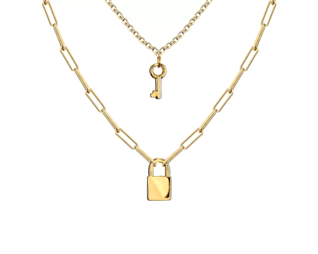 Naszyjnik srebrny pozłacany krótki podwójna pętla o splocie typu ankier z kłódką i kluczykiem