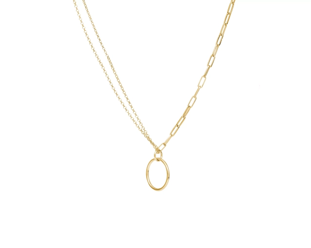 Srebrny naszyjnik pozłacany z dwóch łańcuszków - podwójnego cienkiego i pojedynczego o dużych ogniwach, z wisiorkiem w kształcie koła