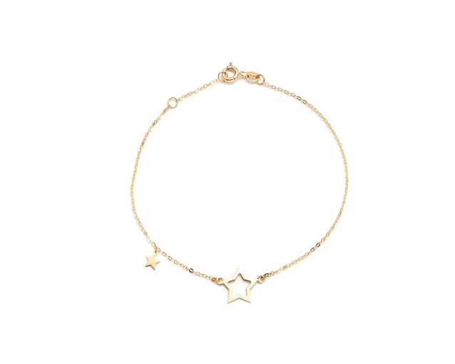 Złota bransoletka łańcuszkowa z ażurową gwiazdą pośrodku i zawieszką w kształcie malutkiej pełnej gwiazdy po jednej ze stron