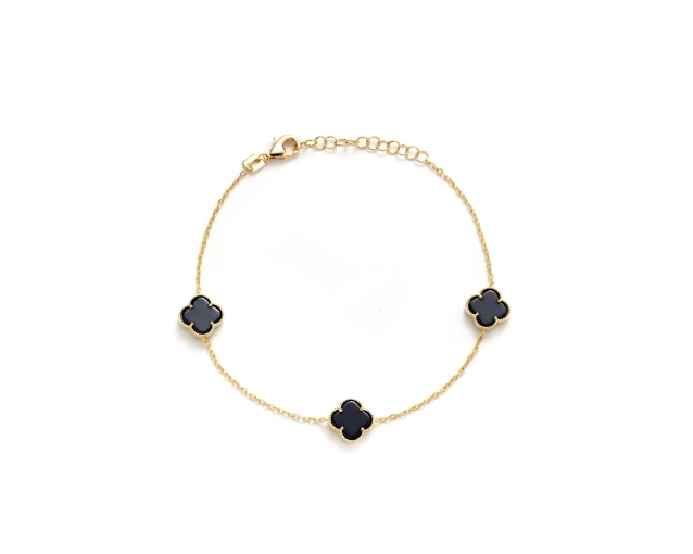 Bransoletka srebrna pozłacana z trzema czarnymi koniczynkami