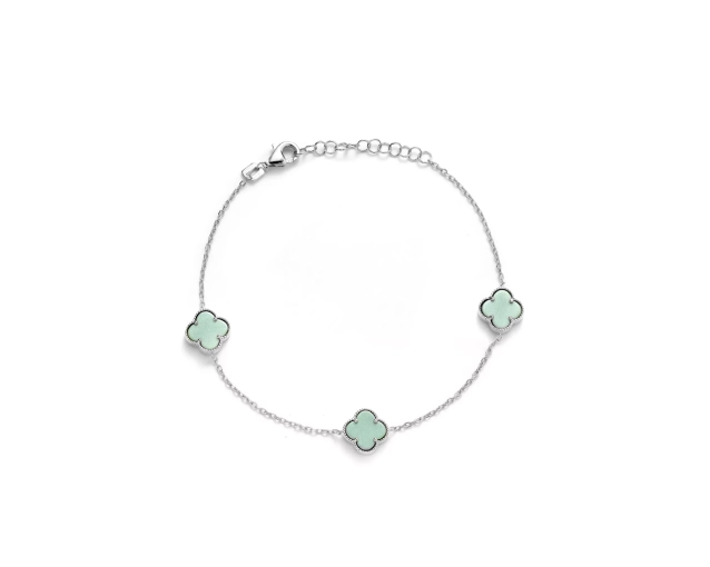 Bransoletka srebrna z trzema miętowymi koniczynkami