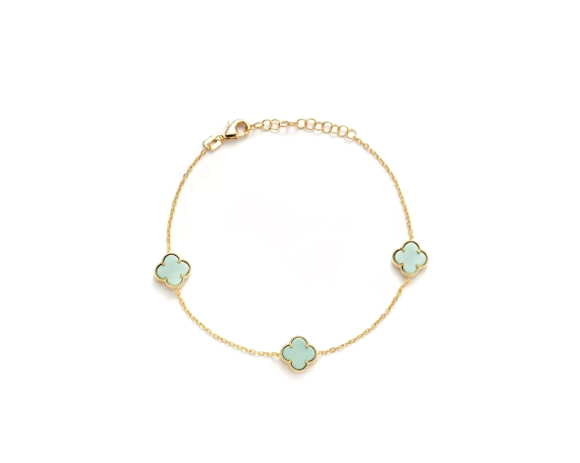 Bransoletka srebrna pozłacana z trzema miętowymi koniczynkami