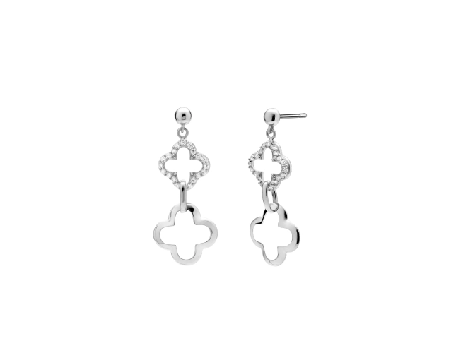 Kolczyki srebrne dwie wiszące koniczynki z cyrkoniami
