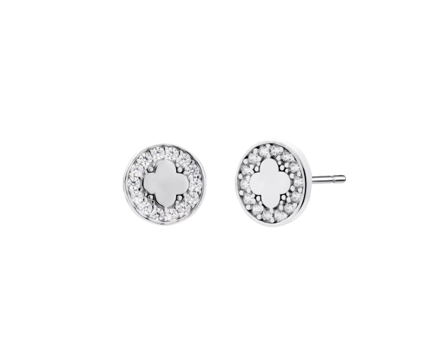 Kolczyki srebrne okrągłe z koniczynką i białymi cyrkoniami