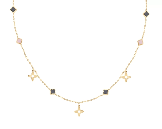 Naszyjnik srebrny z czarnymi i różowymi koniczynkami