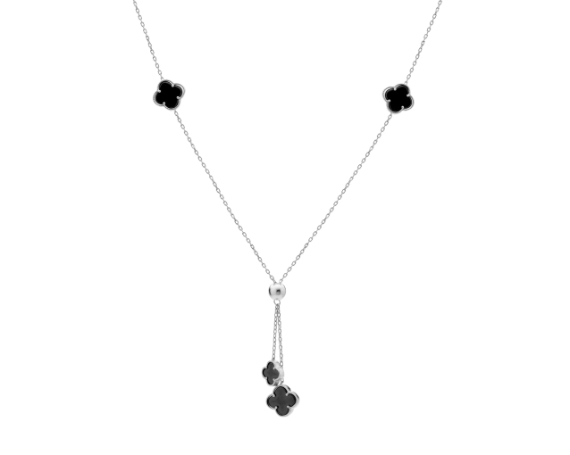 Naszyjnik srebrny z kulką i czarnymi emaliowanymi koniczynkami