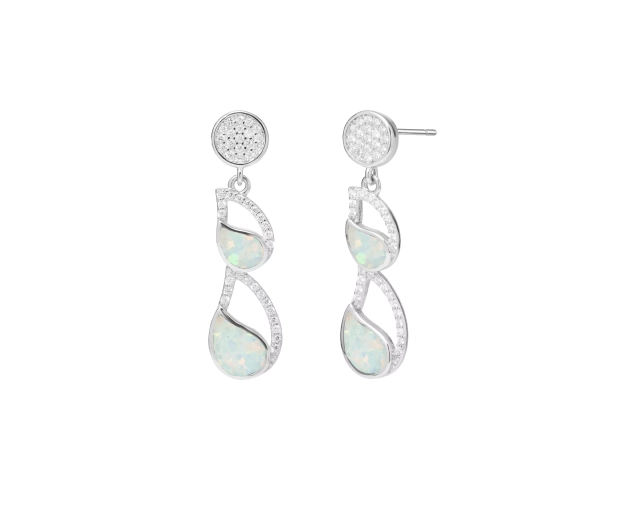Kolczyki srebrne krople z białym opalem i cyrkoniami